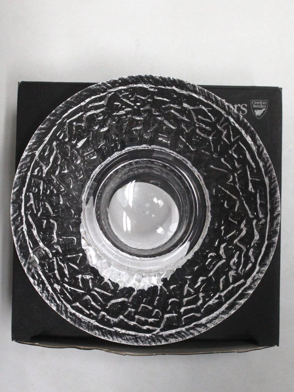Orrefors Sweden Glass or Crystal Discus Tea Light Candle Holder in Original Box